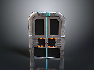 Futuristic Sci Fi Metal Door With Blue Stripes Yellow Black Warnings And Red Button 3d model