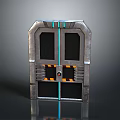 Futuristic Sci Fi Metal Door With Blue Stripes Yellow Black Warnings And Red Button