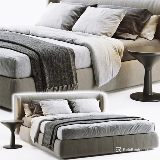 Modern Double Bed Interior Design With Soft Pillows Cozy Blanket And Nightstand 3d model 