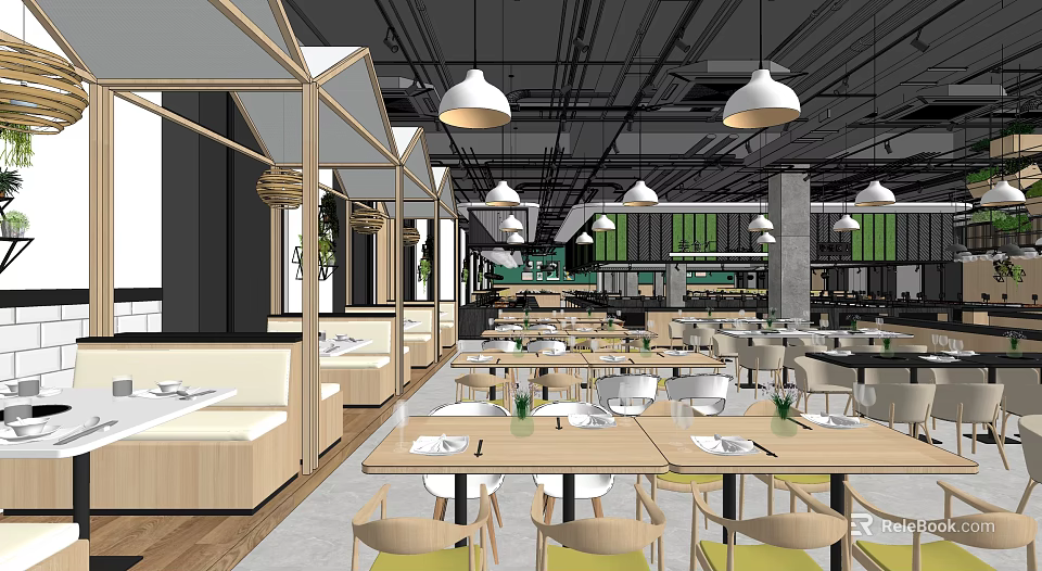 Modern Restaurant Interior With Wooden Tables Chairs Hanging Lights And Green Plants 3d model 