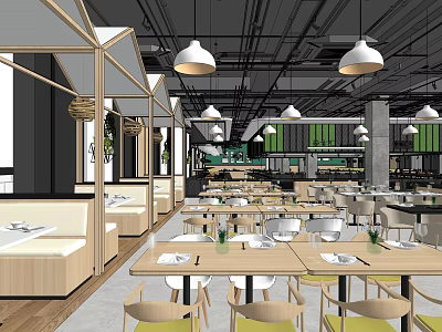 Modern Restaurant Interior With Wooden Tables Chairs Hanging Lights And Green Plants 3d model