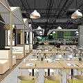 Modern Restaurant Interior With Wooden Tables Chairs Hanging Lights And Green Plants