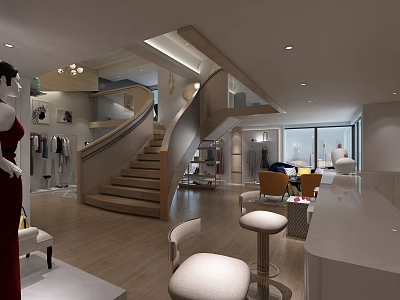 Clothing Store Interior Design With Staircase Display Racks And Seating Furniture 3d model