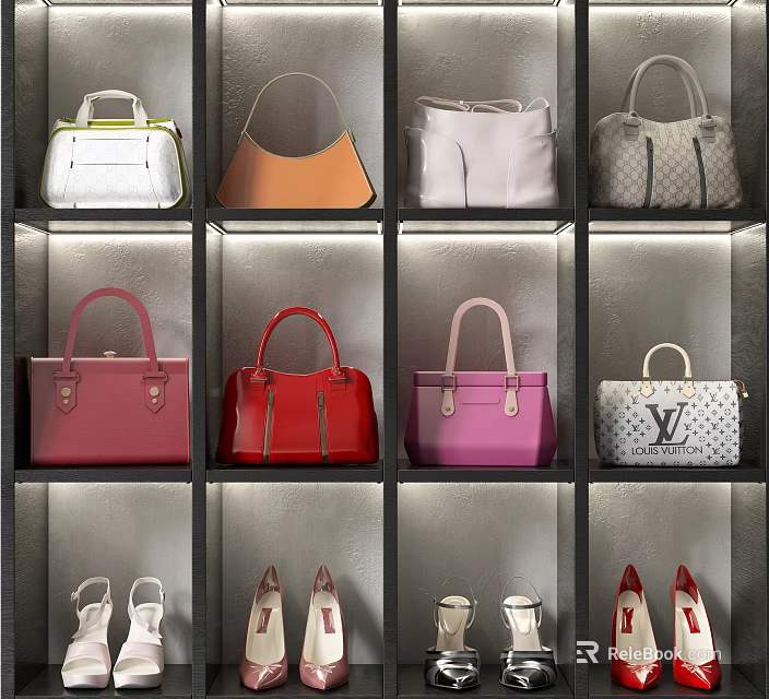 Designer Leather Handbags In Various Colors And Styles On Display Shelves 3d model 