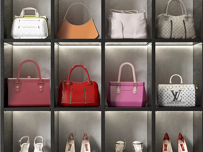 Designer Leather Handbags In Various Colors And Styles On Display Shelves 3d model