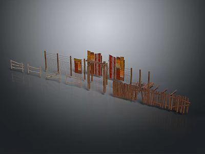 Different Styles of Garden Fence With Wooden Posts Wire Mesh and Decorative Panels 3d model