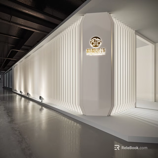 Modern Exhibition Hall Interior Design With White Striped Walls Logo And Lighting 3d model 