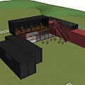 Modern Black Red Container Building With Open Layout And Green Lawn 3d model
