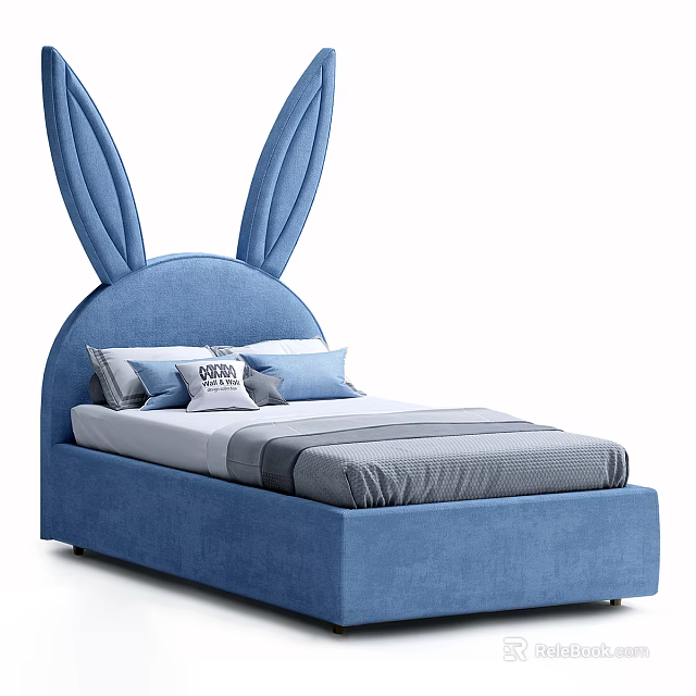 Cute Blue Children's Bed With Rabbit Ears Headboard Design For Kids 3d model 