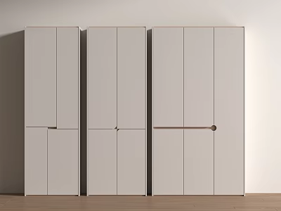 Three White Storage Cabinets with Multiple Doors Against White Wall on Wooden Floor 3d model