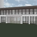 Modern Sales Office Building With Glass Windows Lawn And Paved Path