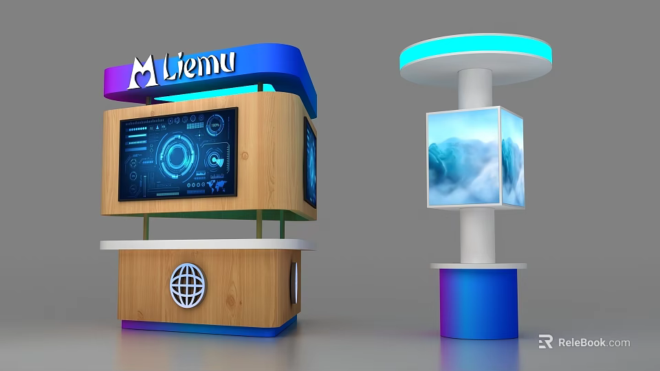 Modern Display Cabinets With Wooden Blue Top Digital Screens Globe Decoration Circular Design Gradient Base 3d model 