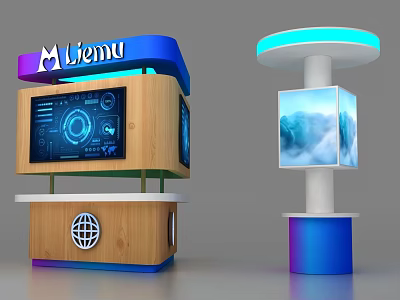 Modern Display Cabinets With Wooden Blue Top Digital Screens Globe Decoration Circular Design Gradient Base 3d model