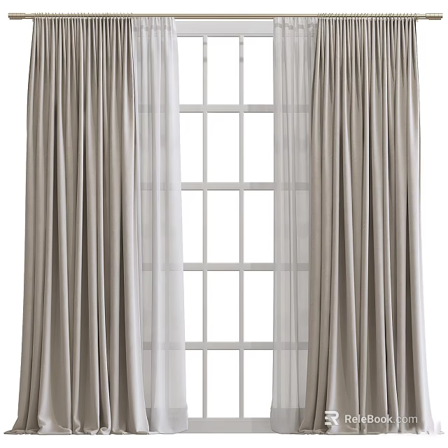 Neutral Curtains With Sheer Panels For Grid Window Home Decoration 3d model 