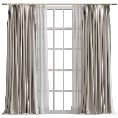 Neutral Curtains With Sheer Panels For Grid Window Home Decoration 3d model