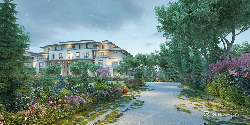 Serene Garden Landscape With Lush Trees Colorful Flowers Stone Pathway And Residential Building 3d model 