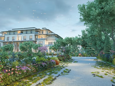Serene Garden Landscape With Lush Trees Colorful Flowers Stone Pathway And Residential Building 3d model