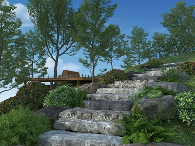 Serene Garden Landscape with Stone Steps Lush Greenery Trees and Wooden Deck 3d model