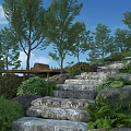 Serene Garden Landscape with Stone Steps Lush Greenery Trees and Wooden Deck
