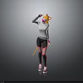 Anime Style Character With Cat Ears And Yellow Tail White Sweater Black Leggings Pink Stripes
