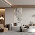 Modern Living Room Interior With Gray Sofa Round Coffee Table Floor Lamp And Decorative Art