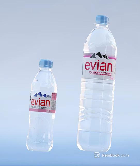 Evian Natural Mineral Water Two Different Sizes Bottles With Mountain Logo And Labels 3d model 