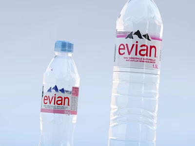 Evian Natural Mineral Water Two Different Sizes Bottles With Mountain Logo And Labels 3d model