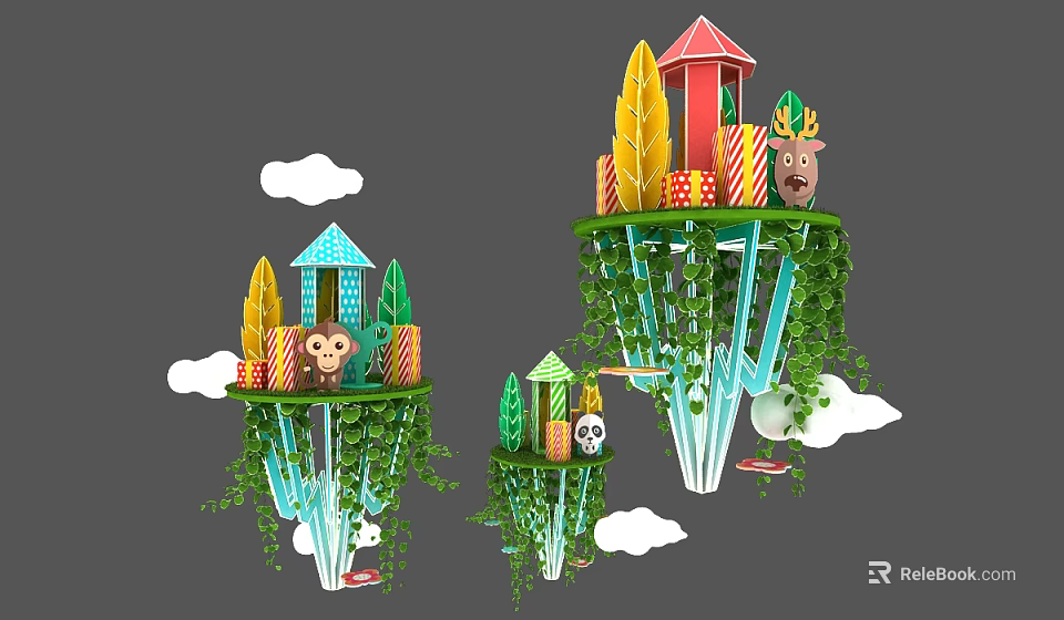 Art Installation With Hanging Islands Colorful Buildings Animal Elements Green Vines And Cloud Decorations 3d model 