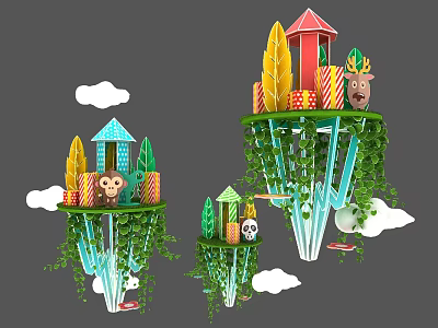 Art Installation With Hanging Islands Colorful Buildings Animal Elements Green Vines And Cloud Decorations 3d model