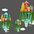 Art Installation With Hanging Islands Colorful Buildings Animal Elements Green Vines And Cloud Decorations