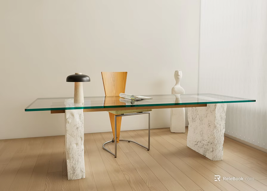 Modern Glass Top Desk With Marble Legs Wooden Chair Lamp Sculpture And Magazine 3d model 