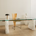 Modern Glass Top Desk With Marble Legs Wooden Chair Lamp Sculpture And Magazine