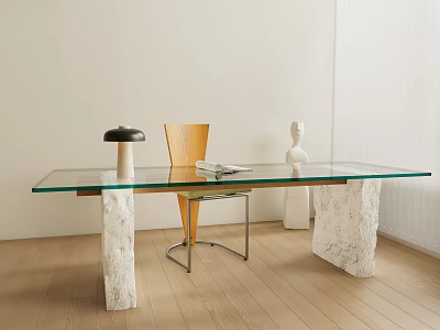 Modern Glass Top Desk With Marble Legs Wooden Chair Lamp Sculpture And Magazine 3d model