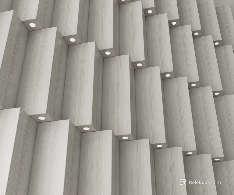 Modern Light Colored Wooden Slat Accent Wall With Embedded Small Lights And Layered Design 3d model 