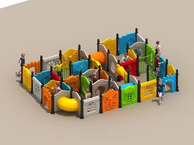 Colorful Playground Equipment With Kids Playing Multiple Slides And Safety Fences Modular Design 3d model