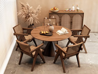 Cozy Round Wooden Dining Table Set With Four Chairs Fruits Vase And Pampas Grass 3d model