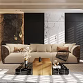 Modern Living Room Interior With Beige Sofa Coffee Table Green Plants And Sunlight