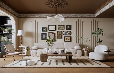 French Living Room Cream Living Room White Fabric Multi-person Sofa Single Leisure Chair Hanging Picture Combination Chandelier Floor Lamp Plant 3d model