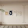 Modern Light Luxury Background Wall With Framed Artworks And Potted Plant