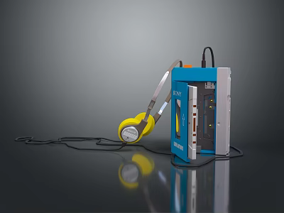 Vintage Computer Audio Player In Blue Silver With Yellow Headphones And Cable 3d model