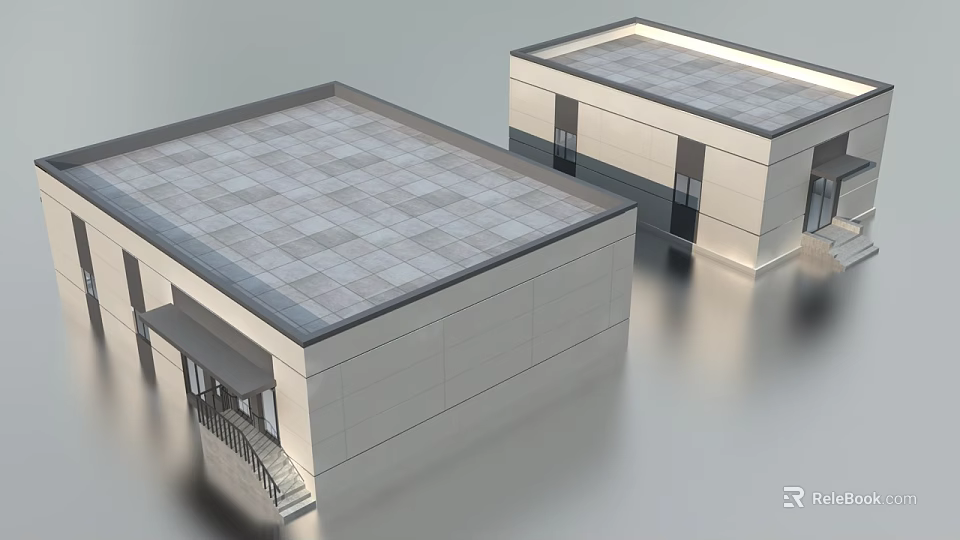 Modern Buildings With Gray Tiled Roofs Light Colored Walls Doors Windows Steps And Canopy 3d model 