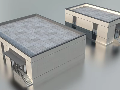 Modern Buildings With Gray Tiled Roofs Light Colored Walls Doors Windows Steps And Canopy 3d model