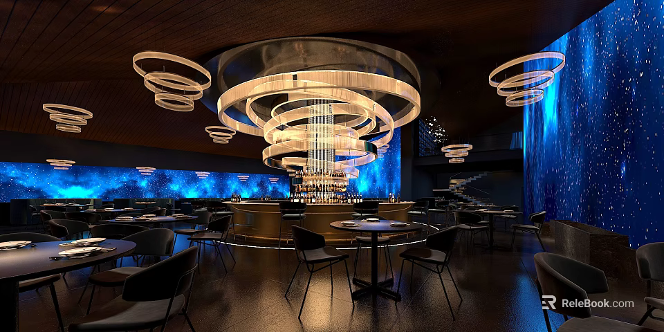 Modern Restaurant Interior Design With Chandelier Lighting Blue Accent Wall And Round Tables 3d model 