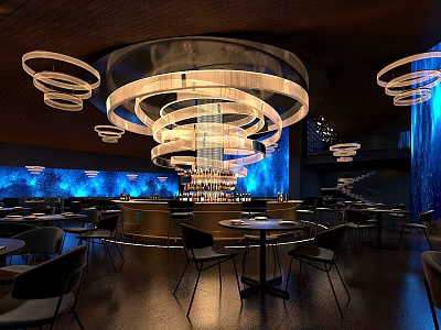 Modern Restaurant Interior Design With Chandelier Lighting Blue Accent Wall And Round Tables 3d model