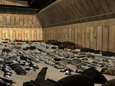 Wooden Planked Interior Walls With Sloped Roof Structure And Scattered Storage Items 3d model