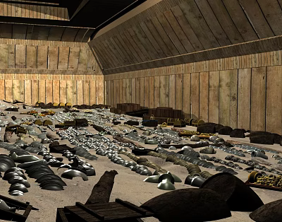 Wooden Planked Interior Walls With Sloped Roof Structure And Scattered Storage Items 3d model