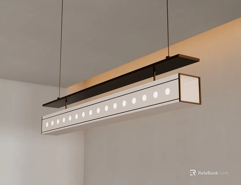 Modern Long Rectangular Pendant Light With White Circular Lights And Black Frame For Interior Space 3d model