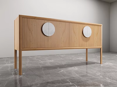 Modern Wooden Entryway Console Cabinet With Vertical Stripes And Round Decorative Panels 3d model