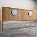 Modern Wooden Entryway Console Cabinet With Vertical Stripes And Round Decorative Panels