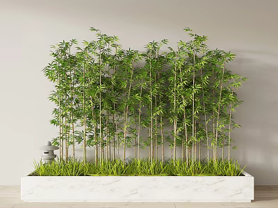 Bamboo Plants In White Marble Planter With Grass And Lantern 3d model